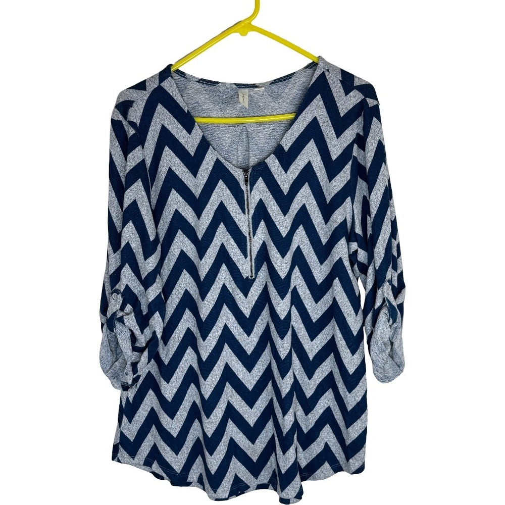 Tacera Womens XL Navy Blue Gray‎ Chevron Zip V-Neck Roll Tab Sleeve Top 5001H